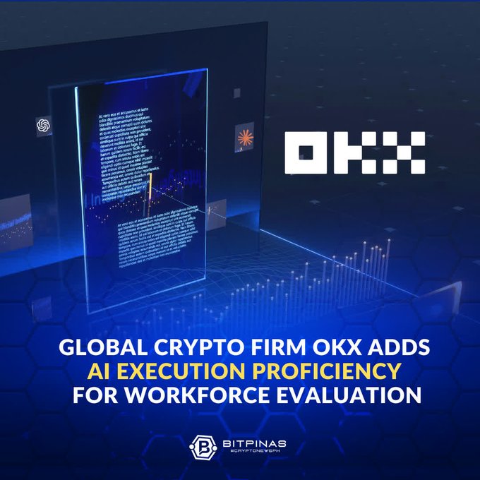 The image shows a computer screen with an overlay of text and graphics. The title of the image is "Global Crypto Firm Okyx adds AI Execution Proficiency for Workforce Evaluation" which indicates that the content is related to a corporate event or initiative involving the use of technology in the workplace, specifically focusing on AI and data analysis. The background of the image features an illustration of a blue wall with a square window, symbolizing a connection between the digital world and the physical space within which it operates.