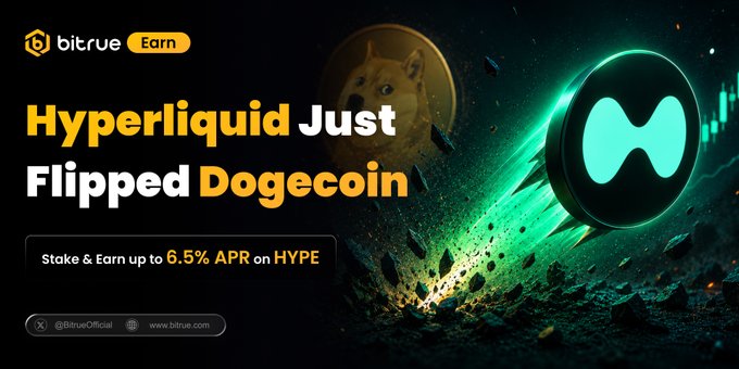 The image features a graphic design with a green circle containing a blue dot inside, which appears to be a coin or token. The background of the image is black, making the colors of the coin stand out. Below this image, there's text that reads "Just in: @HYPE has just flipped @dogecoin $DOGE by market cap, as 
@HYPE continues to rally after breaking a new ATH of $62, flipping 
$DOGE by market cap today and surging despite crypto market sluggishness!". The image also includes a link that says "bitruewear.com".