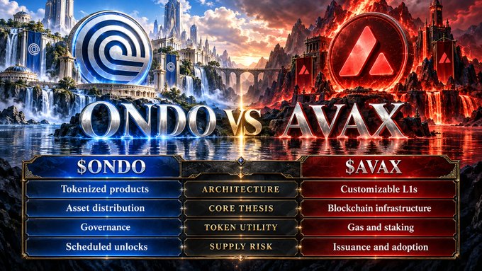 A comparison infographic titled 'ONDO vs AVAX' showing differences between $ONDO (tokenized products, asset distribution, governance, scheduled unlocks) and $AVAX (customizable L1s, blockchain infrastructure, gas and staking, issuance and adoption) with fantasy-themed backgrounds.