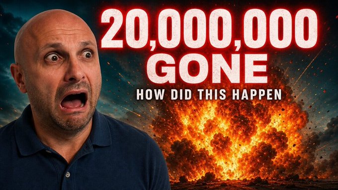 A bald man with a shocked expression appears alongside a fiery explosion and bold text reading "20,000,000 GONE" and "HOW DID THIS HAPPEN." The dramatic thumbnail ties into the post's warning about governance tokens and references a recent incident involving Bonk.