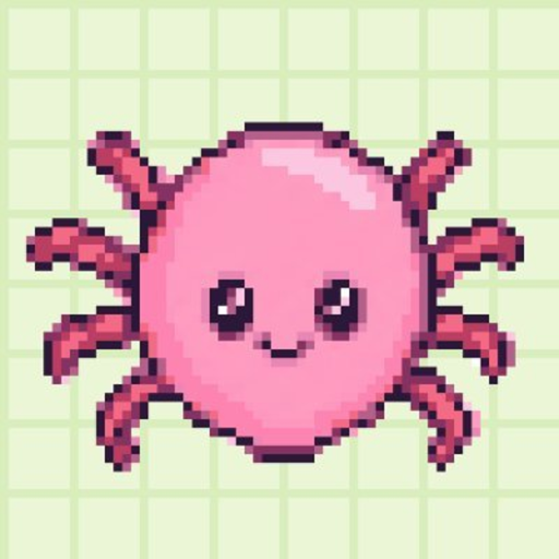 A pixel art illustration of a cute pink spider-like creature with a smiling face and multiple legs on a light green grid background.