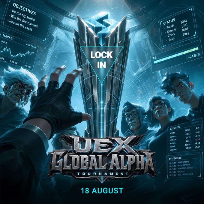 Promotional graphic for the 'UEX Global Alpha Tournament' featuring cyberpunk-style characters, objectives ('Be the top trader', 'Win the tournament', 'Secure the asset'), and a 'LOCK IN' date of '18 AUGUST'.