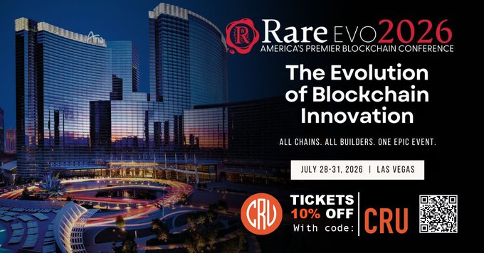 A promotional graphic for **Rare EVO 2026** features a Las Vegas skyline at night and announces the conference taking place **July 28–31, 2026**, themed "The Evolution of Blockchain Innovation," alongside a **10% off ticket discount code "CRU"** from CryptosRUs. The image visually reinforces the post's announcement about CRU attending the Las Vegas blockchain event with an exclusive ticket discount for followers.