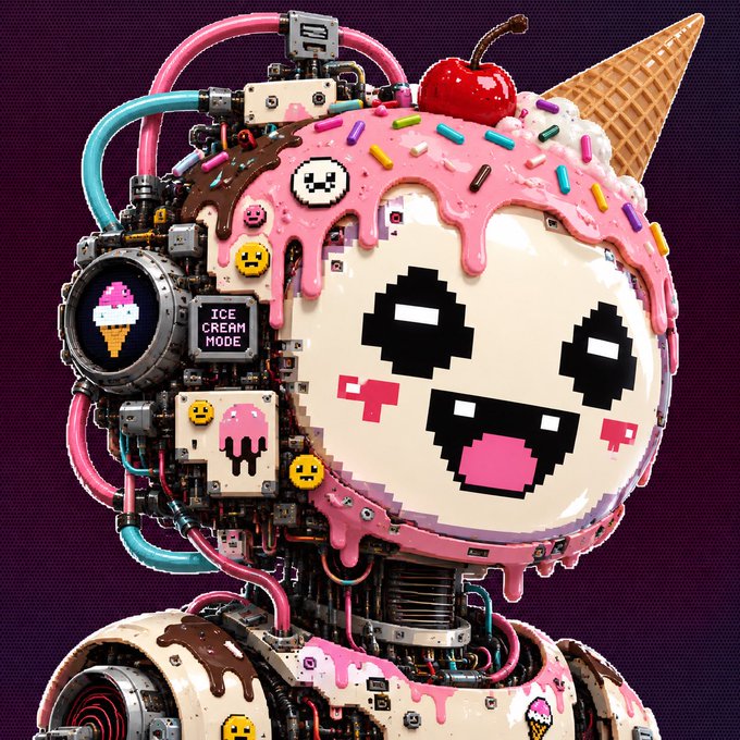 A pixelated, cyberpunk-style ice cream robot with pink frosting, sprinkles, a cherry, and a waffle cone, featuring a small screen reading 'ICE CREAM MODE' and a smiling face.