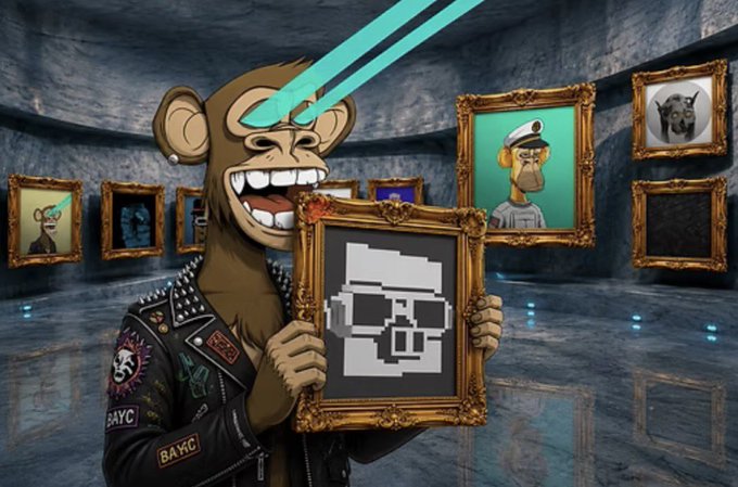 A BAYC NFT artwork showing a punk-styled ape with laser-beam eyes holding a framed CryptoPunk in a gallery, with other Bored Apes paintings displayed on the walls.