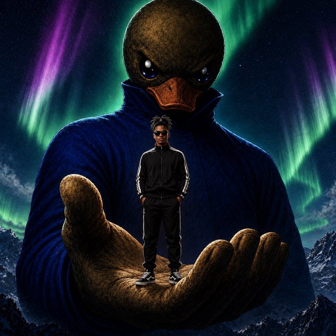 Digital artwork depicting a giant anthropomorphic duck character in a blue coat against a starry night sky with auroras, standing behind a young man in a black tracksuit standing on its massive hand.