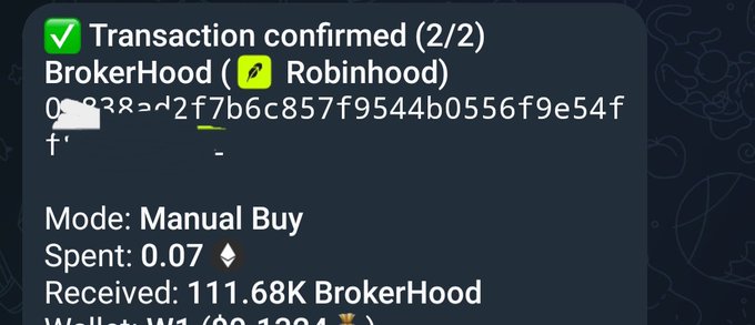 A Telegram notification confirms a 2/2 transaction from BrokerHood to Robinhood, showing a manual buy of 111.68K BrokerHood tokens for 0.07 ETH, illustrating the user's $130 purchase of the BrokerHood stonk launcher token.