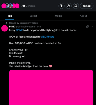 A Discord screenshot showing a pinned post from the PINK community (741 members) announcing that the token trades 100% of fees to @BCRFcure for breast cancer research, with over $30,000 USD donated so far. The image directly supports the bullish thesis in the caption by showcasing PINK's real-world charitable mission and the "cult with a cause" branding, reinforcing the idea of it becoming a breast cancer awareness symbol similar to the early 2010s wristband trend.