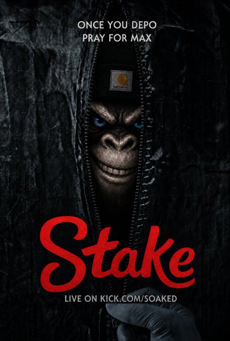 This image advertises a Stake live stream on Kick.com/soaked, featuring "ONCE YOU DEPO PRAY FOR MAX" and the logo.