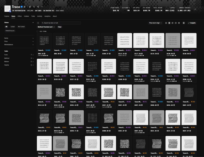 A screenshot of the Trace marketplace interface displays a grid of digital trading cards (NFTs) with various floor prices, volumes, and listed counts for cards like #3369 and #5661.