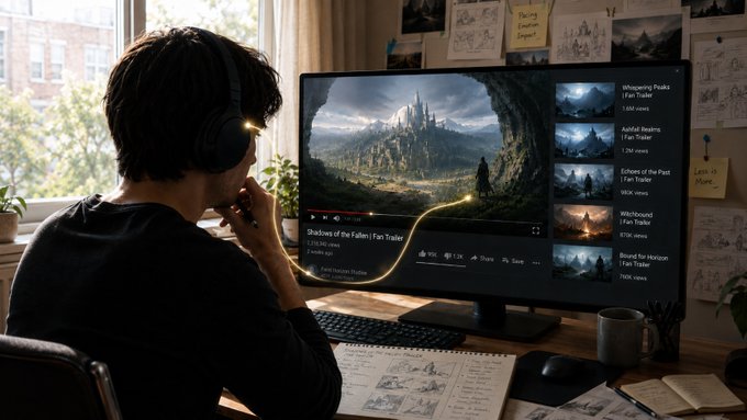 A person wearing headphones sits at a desk watching the YouTube video 'Shadows of the Fallen | Fan Trailer' on a large monitor, with sketches and a 'LESS IS MORE' sticky note pinned to the wall behind them.