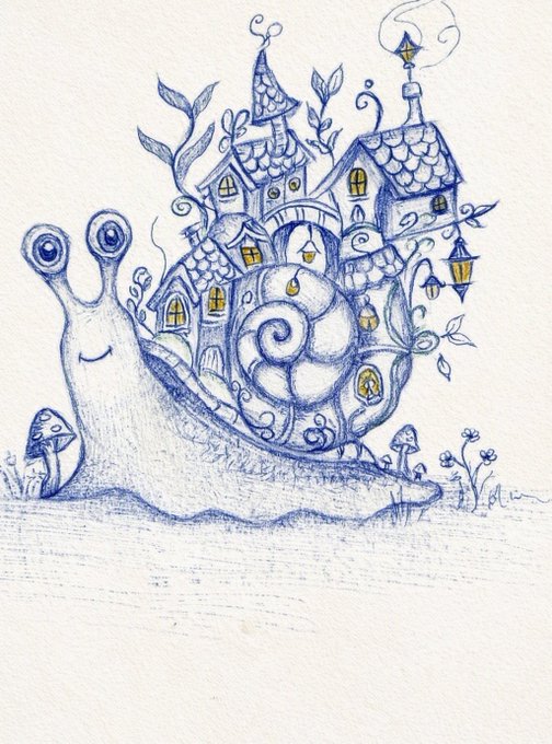 A whimsical blue ink illustration of a snail carrying a fairy-tale village with houses on its back, surrounded by small mushrooms.
