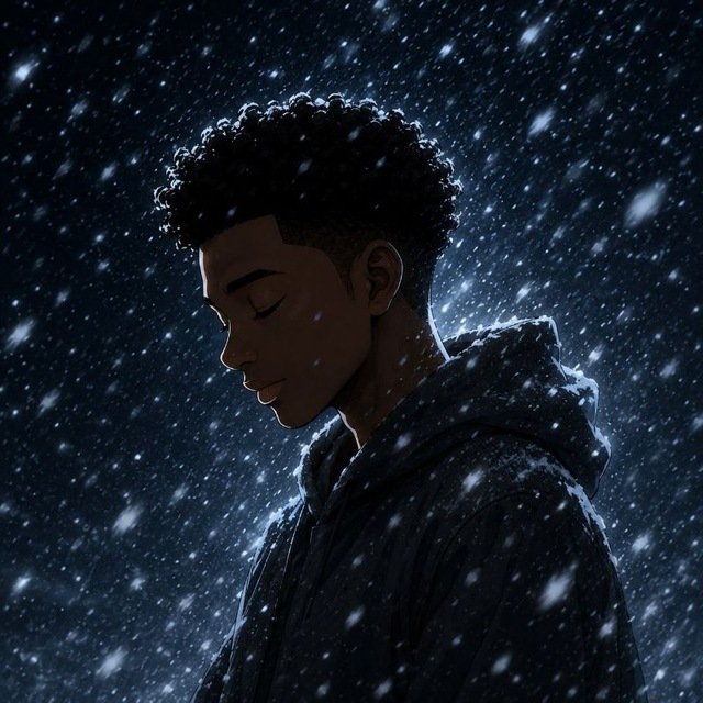 The image features a man with curly hair wearing a hoodie standing against a snowy background. He appears to be looking down or lost in thought as he gazes into space, surrounded by falling snowflakes. The scene captures his contemplative mood amidst the wintry weather.