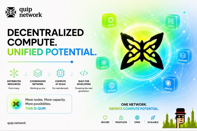 A promotional graphic for "quip network" featuring their butterfly logo and the tagline "DECENTRALIZED COMPUTE. UNIFIED POTENTIAL." It highlights key features including distributed resources, coordinated network, compute at scale, and built for developers, along with icons representing GPUs, CPUs, storage, nodes, and ASICs, plus trust attributes (secure, trustless, open, scalable). The image visually reinforces the post's message by showcasing Quip Network's decentralized infrastructure designed to secure existing assets against future quantum-era threats.