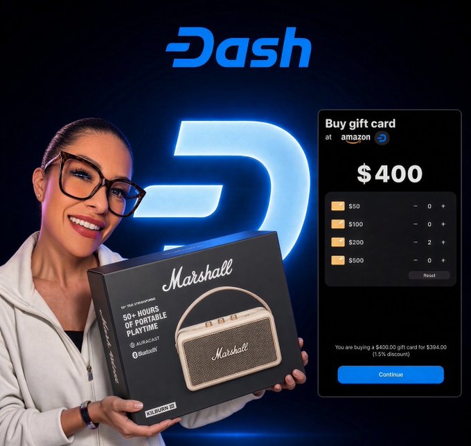 A smiling woman wearing glasses holds a Marshall Kilburn II speaker in front of a glowing Dash logo, while an on-screen interface shows a $400 Amazon gift card purchase (priced at $394.00 with a 1.5% DASH discount), illustrating how the DashPay app enables everyday crypto payments for real-world purchases.