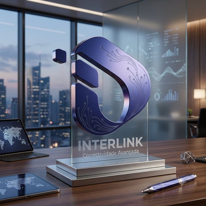 A 3D rendered promotional graphic featuring a stylized blue 'i' logo with circuit patterns mounted on a glass plaque labeled 'INTERLINK - Conectividade Avançada', set on an office desk overlooking a city skyline.