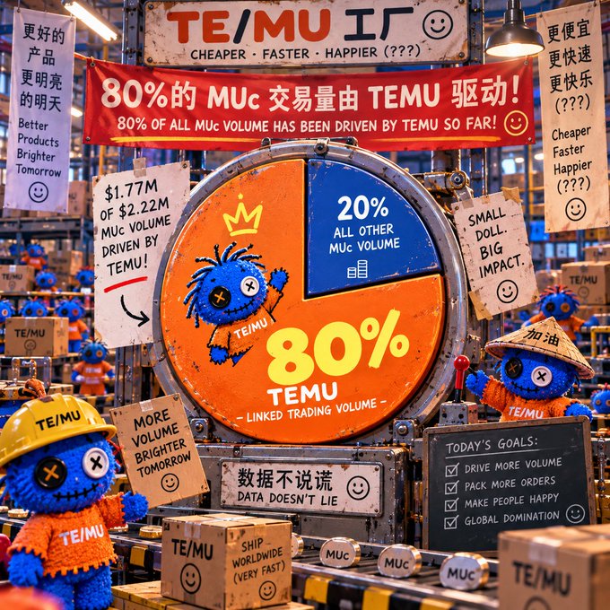 A vibrant promotional graphic for TEMU features blue plush mascots in a warehouse setting, with a large pie chart showing '80%' and various bilingual signs claiming 'Cheaper Faster Happier (???)' and goals for 'GLOBAL DOMINATION'.