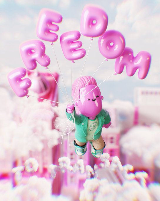 A pink 3D cartoon character floats above a pastel cityscape, holding pink balloon letters that spell "FREEDOM," fitting the "SEIZED @goodvibesclub x @6529Collections" theme with its playful, uplifting aesthetic.