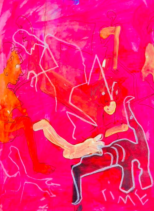 A vibrant, abstract painting dominated by bold magenta and red hues depicts stylized human figures outlined in white and orange, with the word "TIME" visible at the bottom. The expressive artwork, likely titled "Red Pulse," aligns with the "Art For Life" blood donation event, with 10 XTZ being offered and 2 remaining.
