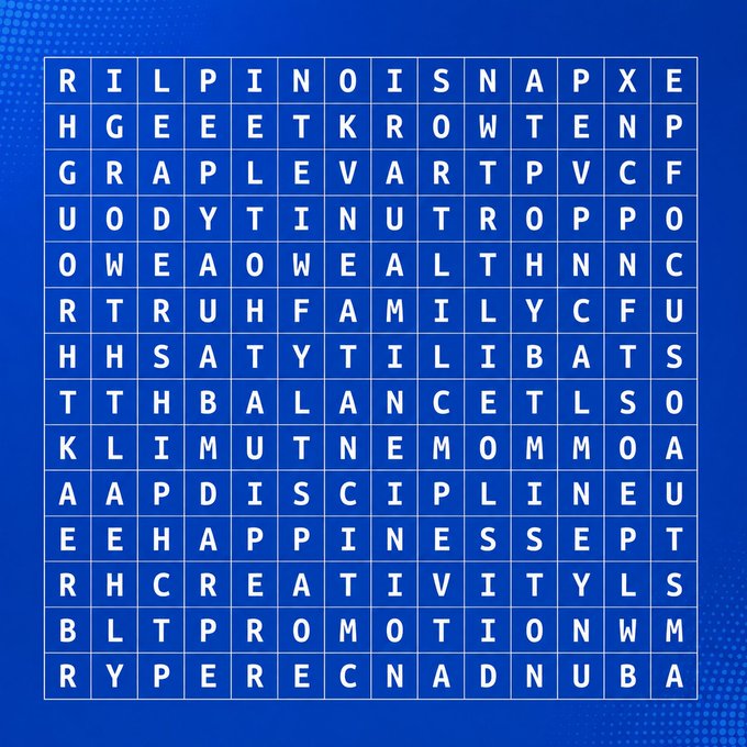 The image displays a blue word search puzzle featuring terms like BALANCE, FAMILY, CREATIVITY, HAPPINESS, PROMOTION, ABUNDANCE, MOMENTUM, and DISCIPLINE among others. In line with the caption, the words concealed within the grid serve as a reflective prompt, inviting viewers to identify which concept—abundance, family, happiness, or discipline—resonates most with their current needs.