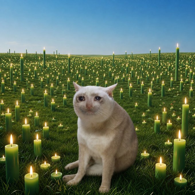 A cream-colored cat sits solemnly in a vast grassy field illuminated by countless green candles stretching to the horizon under a clear blue sky. The imagery evokes a meme-like, spiritual atmosphere often used in crypto communities, suggesting a "revelation" or "altar moment" where the $CASHCAT token has surged 500% from its bottom and is being celebrated as a potential early-stage gem by its growing 60K-holder base.