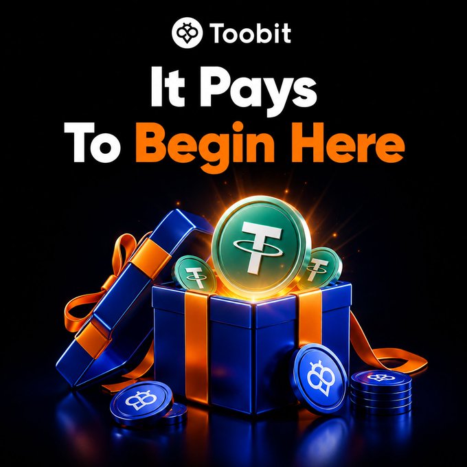 A promotional graphic for Toobit featuring the headline "It Pays To Begin Here" above an open gift box adorned with orange ribbons, displaying glowing USDT (Tether) coins and Bitcoin (₿) tokens. The image reinforces the post's message by visually showcasing crypto rewards for new users completing onboarding tasks.