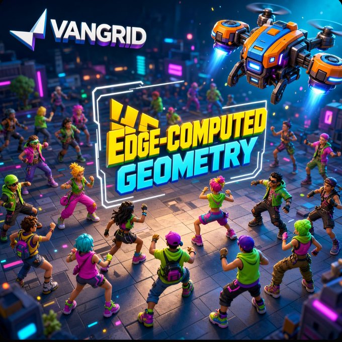 A vibrant promotional graphic for 'VANGRID' displaying 'EDGE-COMPUTED GEOMETRY' in bold text, featuring a futuristic drone above animated characters in colorful outfits.