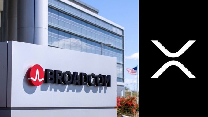 A Broadcom corporate signage displayed outside a modern glass office building with an American flag in the background appears alongside the XRP logo, visually representing the news that over $1.7 trillion market cap Broadcom is now tokenized on the XRP Ledger.