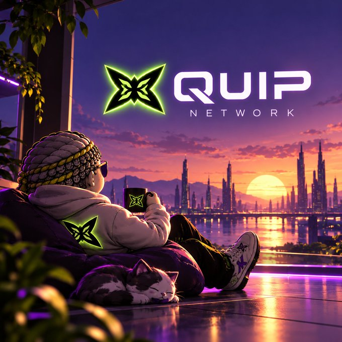 An anime-style digital illustration showing a character with a beanie holding a glowing green mug, sitting with a cat and looking out over a futuristic city at sunset. The logo 'QUIP NETWORK' is prominently displayed.