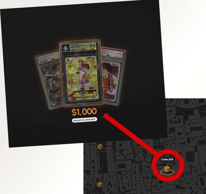 A digital product display showing three trading cards including a Beckett 9.5 graded card priced at $1,000, with a red arrow pointing to a location marker labeled 'Crate 254' on a stylized map interface.