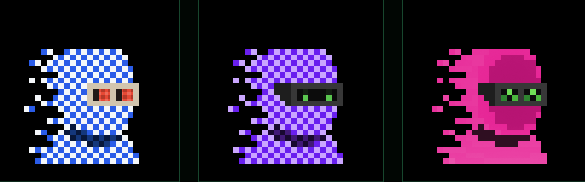 Three pixel art characters with glitch effects in blue, purple, and pink colors, each wearing sunglasses.
