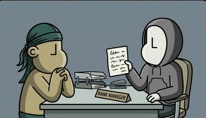 A cartoon illustration of a hooded figure presenting a 'loan' document to a person at a desk labeled 'BANK MANAGER'.