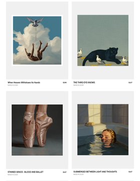 A grid of four album cover artworks titled "When Heaven Withdraw Its Hands", "The Third Eye Knows", "Fitness Grace: Blood and Ballet", and "Submerged Between Light and Thoughts".