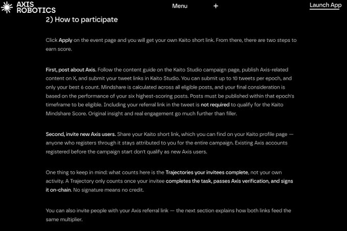 Instructions on a black-backgrounded website titled "AXIS ROBOTICS" explaining how to participate by clicking Apply, posting Axis-related content on X with a referral link, and inviting new Axis users through Trajectories.