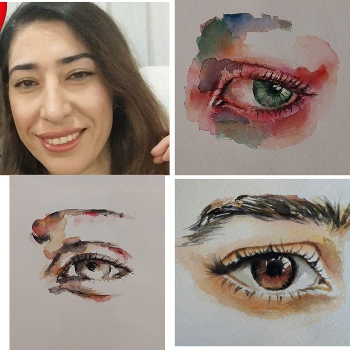 A smiling woman is pictured alongside three of her handmade watercolor eye paintings—one vibrant with red and green hues, another in earthy pink tones, and a third detailed with a bold brow—showcasing her artistic NFT work shared with the ImaginaryX community.