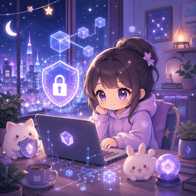 An anime-style illustration shows a girl with purple eyes and a lavender hoodie working on a laptop at night, accompanied by cute animal mascots and a glowing security shield icon with text 'secure future'.