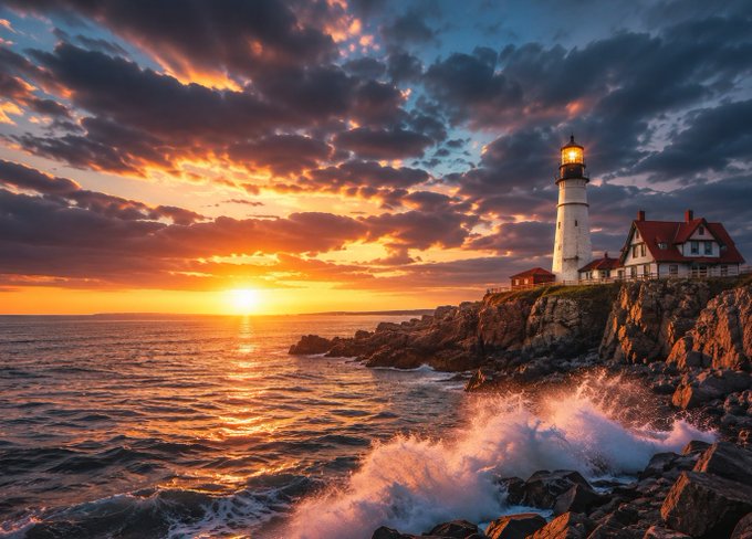 A scenic photograph of a lighthouse and adjacent house on a rocky cliff at sunset, with dramatic clouds, ocean waves crashing on the rocks, and a golden sun reflecting on the water.