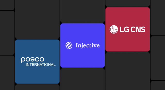 A graphic displays three corporate logos—Posco International, Injective, and LG CNS—arranged in colored blocks against a dark gray background.