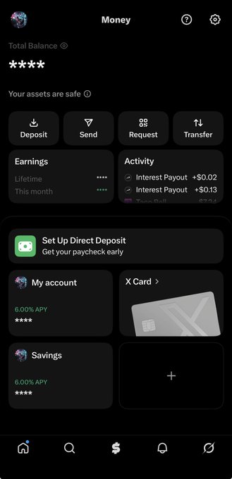 The main dashboard of the X Money app displaying a 'Total Balance' of '****', offering 'Deposit', 'Send', 'Request', and 'Transfer' options, along with accounts like 'My account' and 'Savings' at 6.00% APY.