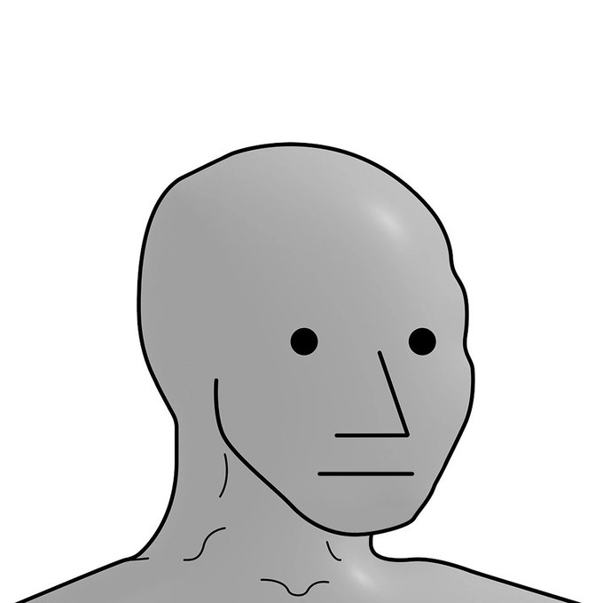 A simple gray cartoon-style drawing of a bald, expressionless humanoid figure with dot eyes and minimal facial features.