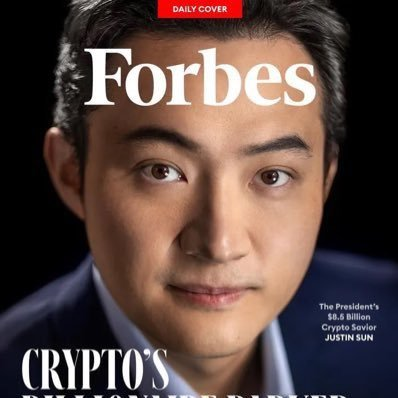 The Forbes cover features the TRON founder Justin Sun, labeled as "Crypto's Billionaire Savior" with a net worth of $5.5 billion, directly tying to the viral meme about Sun's twenty-year "My Girlfriend Jing Tian" storyline that has been trending in crypto communities.