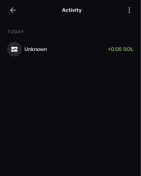 A screenshot of a cryptocurrency wallet activity page showing a single transaction today with a '+0.05 SOL' credit from an 'Unknown' sender on a dark background.