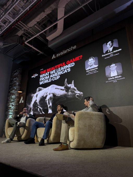 A panel discussion at an Avalanche-hosted event titled 'THE BEAUTIFUL GAME? WHAT WE LEARNED FROM AMERICA'S WORLD CUP' featuring panelists Francesco Abbate (Monochrome Crypto), Dan Roberts (Phantom/Four Pillars), and Chris Biliris (VP Consumer Products MLS).