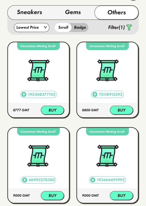 A mobile app marketplace screen displaying four 'Uncommon Minting Scroll' items for sale with prices in GMT and 'BUY' buttons.