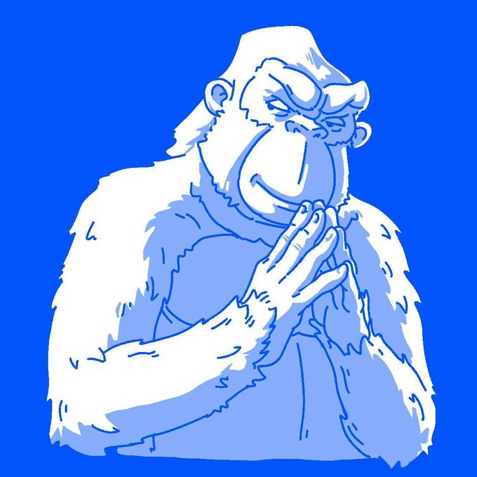 A blue and white line-art illustration of a gorilla in a prayer pose against a solid blue background.