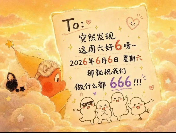 The image features a post with Chinese characters that reads "To: (from) (Chinese Character Translation): !!! May 6, 2026, 6+6+6! (6+6+6!)", which seems to be a birthday wish for someone named June. The post also includes a drawing of a cartoon character and a heart, adding a playful touch to the message.
