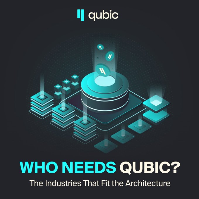This image depicts a central hub with glowing coins being processed, surrounded by stacked computational units, illustrating "Qubic" and posing the question "WHO NEEDS QUBIC?". The visual represents Qubic's architecture and its potential applications in various industries.