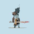 A pixel art character with dark hair, wearing tattered brown attire and wielding a spear, stands in a barren setting, symbolizing the "Wasteland" theme referenced in the post about awaiting a Discord invite from @WastelandRH.