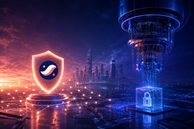 A futuristic digital illustration featuring a glowing shield with a wave logo and a quantum-style security lock against a sunset cityscape with network nodes.
