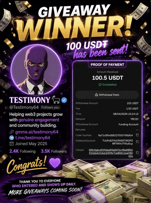 The giveaway winner has been announced, with 100 USDT sent as proof of payment to Testimony64. This image visually confirms the 100 USDT transaction.